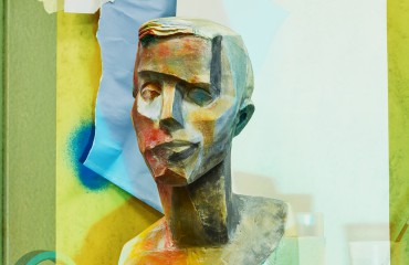 Painted plaster head (Self-portrait of a man in orange), 2015 © Peter Puklus